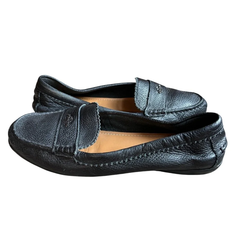 Coach Black Pebbled Leather Driver Loafers Moccassin Flats Gunmetal Logo Womens